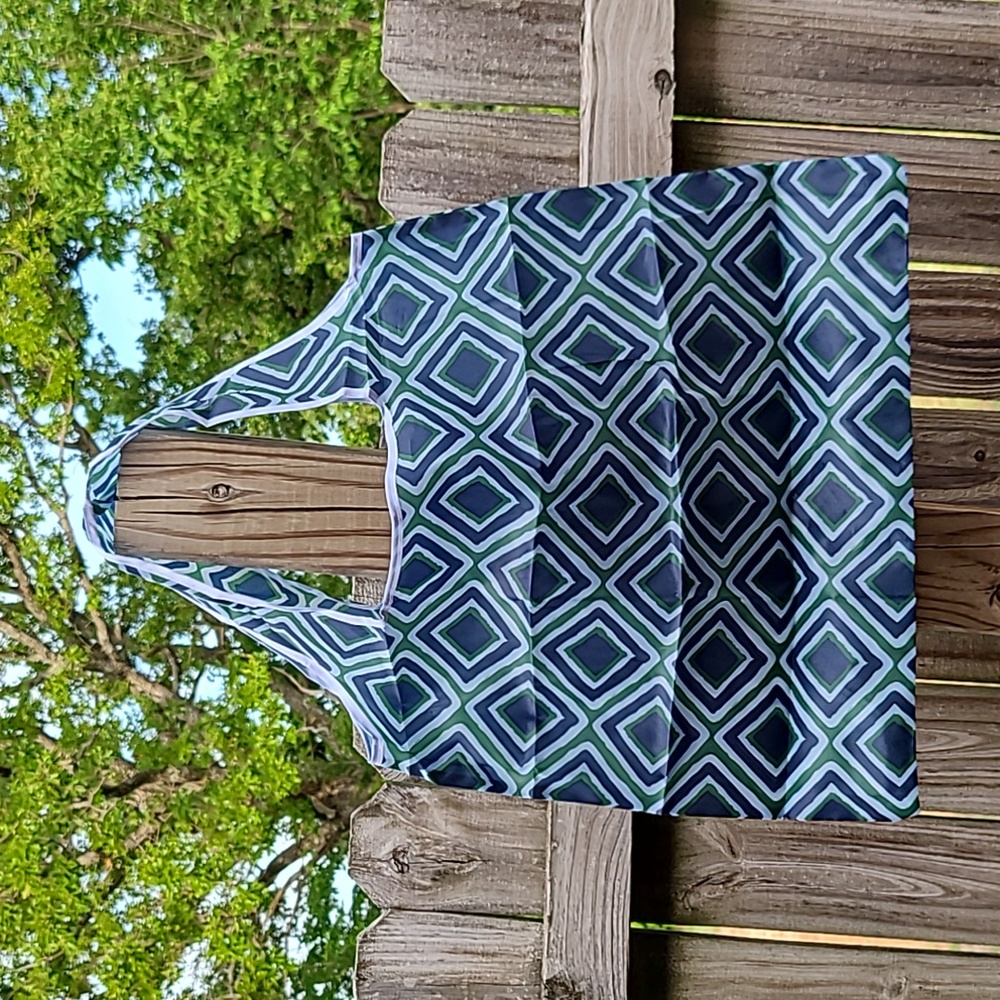 Blue/Green Grid Reusable Large Bag Folds Up Nicely, Wipe Clean